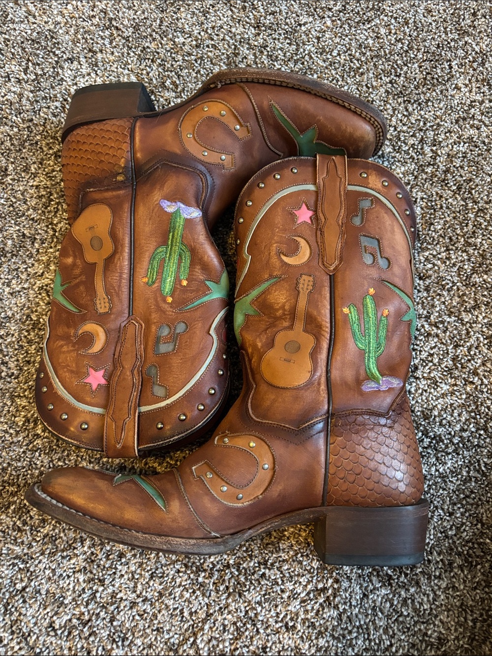Brown Embroidered Over-the-Knee Western Boots with Cactus & Guitar Motifs
